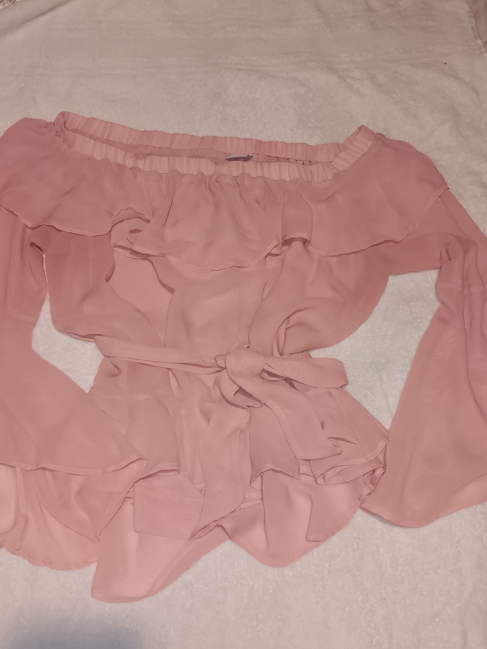 Impulsive 🎂 Women’s Off-Shoulder Ruffle Blouse with Self-Tie Waist - Pink